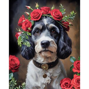 Scarabocchio in bianco e nero che indossa una corona di rose rosse - Stampa artistica da parete 8 x 10" - Illustrazione di qualità - Accento artistico a tema cane