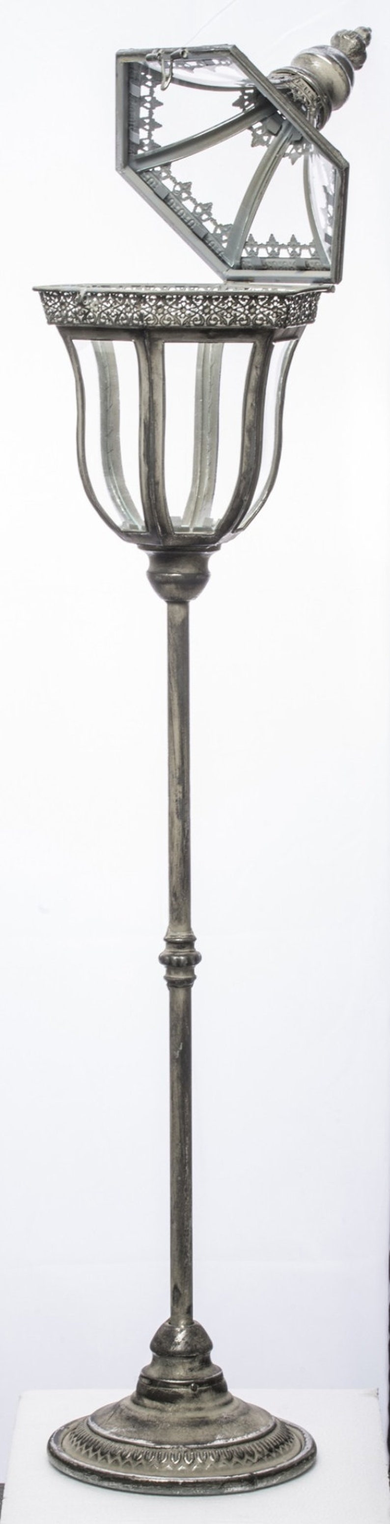 Floor Candle Lantern Antique Style Metal Frame Vintage Lantern Light Holder Aged Silver Large