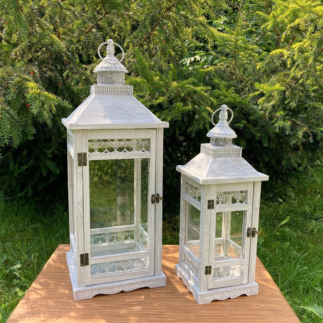Pillar Candle Lantern Set Whitewash Wood Frame Vintage Lantern Hanging