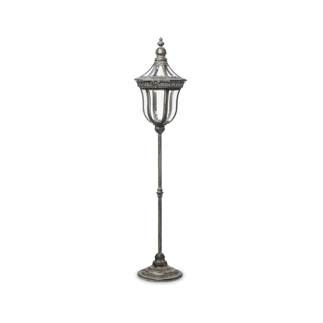 Floor Candle Lantern Antique Style Metal Frame Vintage Lantern Light Holder Aged Silver Large