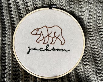 Custom Baby Name Sign, Minimal Bear Design, Baby Shower Gift, Nursery Decor, Custom Embroidery Art, Embroidery Hoop Art
