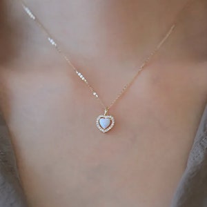 Dainty 14K Gold Plated Opal -center Heart- Shaped Necklace• 925 Sterling silver luxury Opal Necklace• Bridesmaid Gift• Gift For Ladies