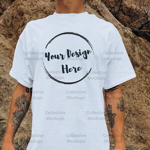 Gildan 5000 Men&#39;s WHITE T-shirt Mockup, Tattooed Model Mockup, Mens Shirt Mockup, White Tshirt Mockup Men | Outdoor Mockup | Location Mockup