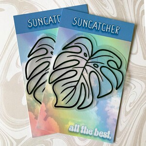 Monstera Leaf Sun Catcher | Prismatic Rainbow Maker | Green Metallic Window Cling | Reusable Washable Renter Friendly Decal