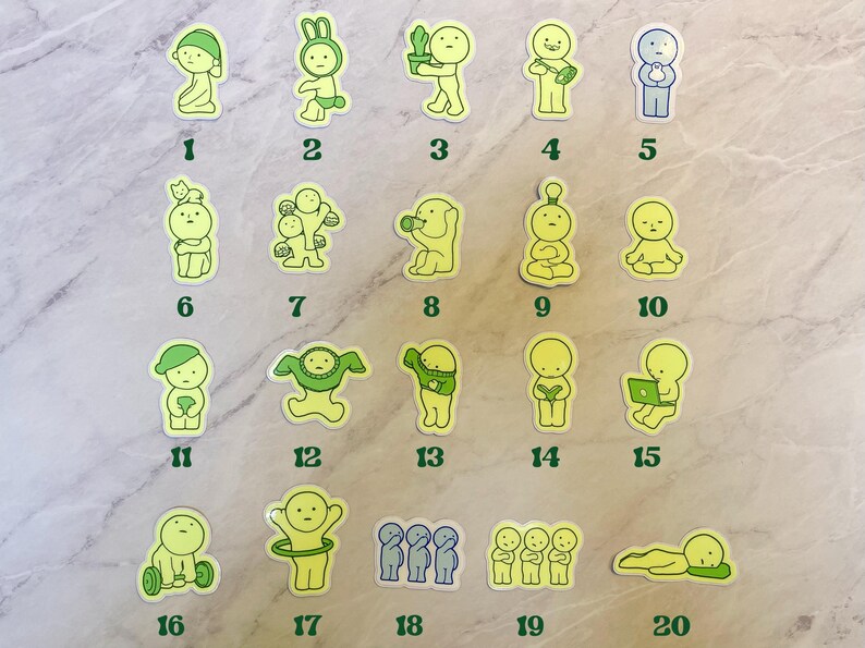 May include: Twenty green and yellow stickers featuring a cartoon character with different expressions and activities. The stickers are numbered 1 through 20.