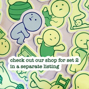 May include: A set of yellow and green stickers featuring cartoon characters in various poses. The stickers have a simple, minimalist design and are perfect for adding a touch of whimsy to your belongings. The text "check out our shop for set 2 in a separate listing" is visible in the image.