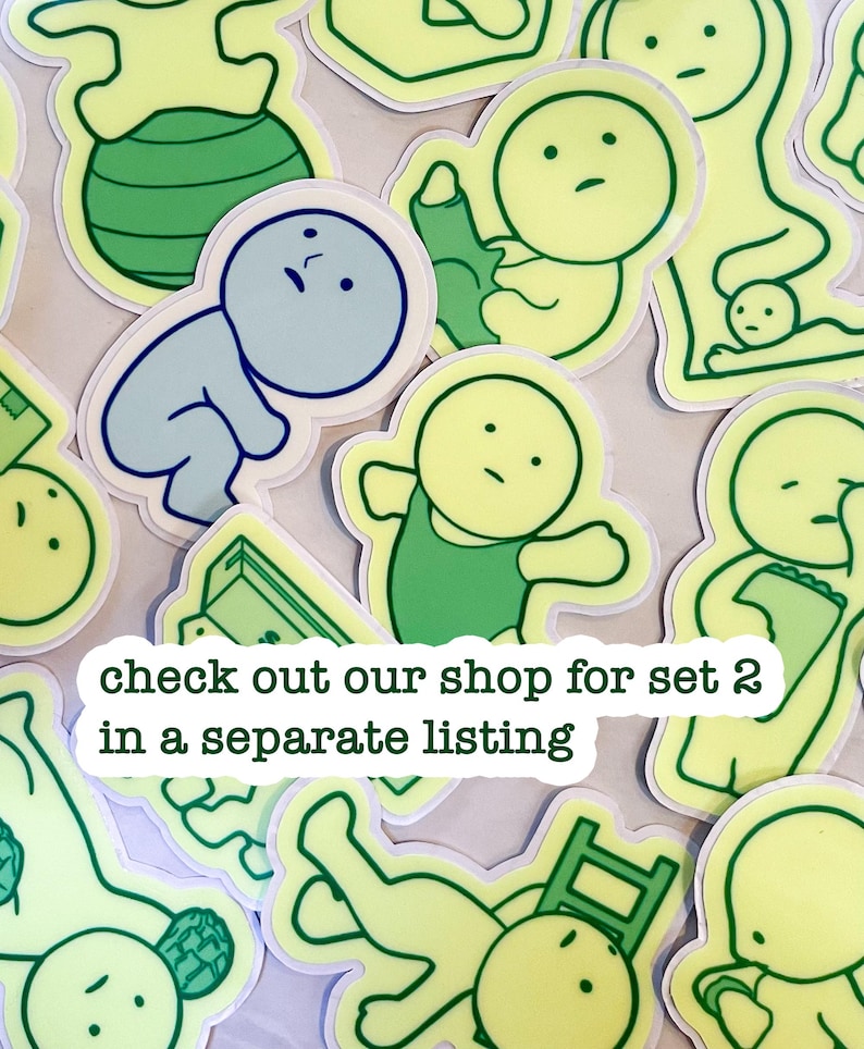 May include: A set of yellow and green stickers featuring cartoon characters in various poses. The stickers have a simple, minimalist design and are perfect for adding a touch of whimsy to your belongings. The text "check out our shop for set 2 in a separate listing" is visible in the image.