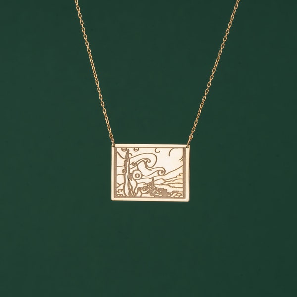 Collier nuit étoilée Van Gogh, collier d'art 925k, pendentif gravé, collier célèbre, pendentif ciel nocturne, collier unique, collier décontracté