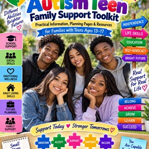 Może przedstawiać: Autism Teen Family Support Toolkit od Veronica & CiciHearts posiada kolorową okładkę z pięcioma uśmiechniętymi nastolatkami, ikonami puzzli oraz tekstem, w tym Stronger Today Brighter Tomorrow, Independence, Life Skills i Small Steps Big Progress.