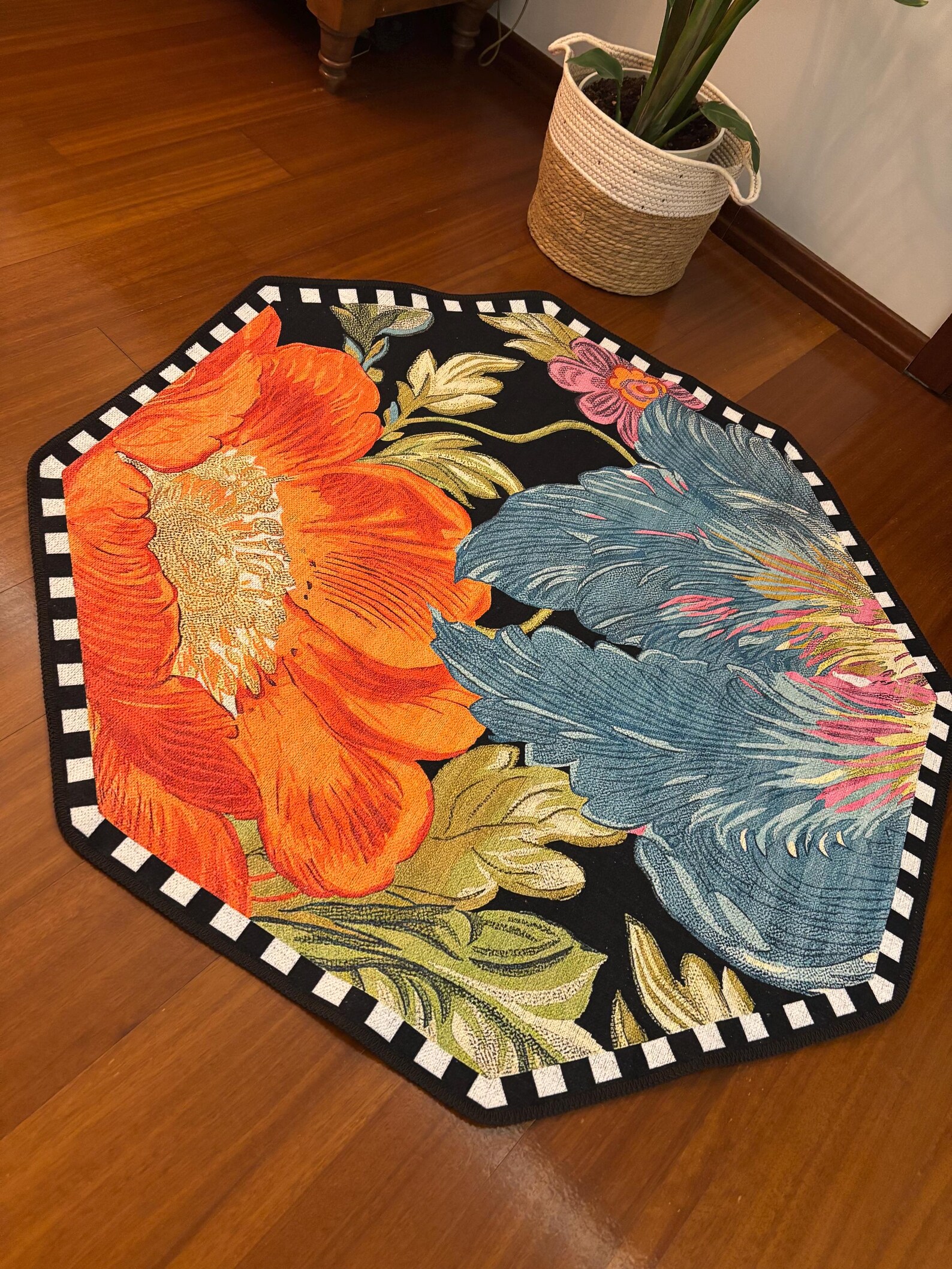 Lint Rug Floral Octagon Rug, Colorful Figured Rug, Kitchen Rug, Tapetto, Lint ...
