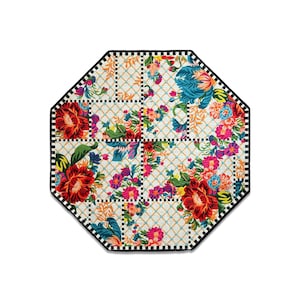 Floral Octagon Rug, Colorful Figured Rug, Kitchen Rug, Tapetto, Lint-free Rug, Washable Area Rug, Patchwork Flower Rug, Bath rug