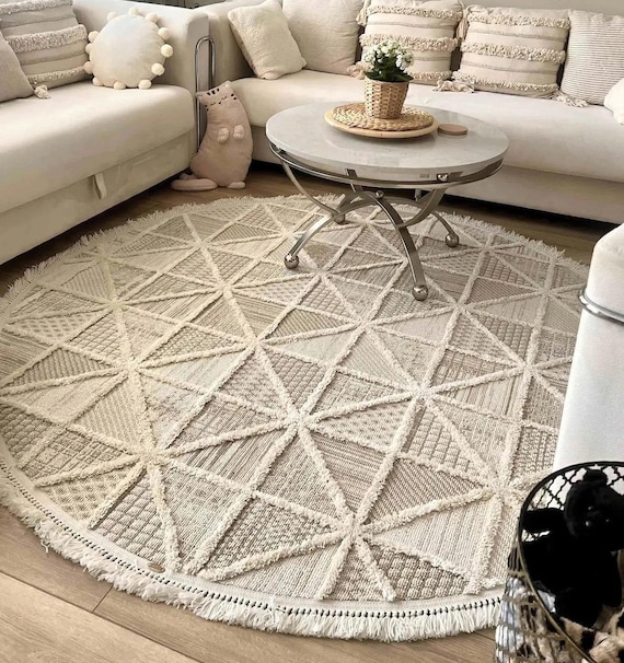 Geometrischer Runder Teppich: Tufted Nordic Style, Boho Weißer Teppich