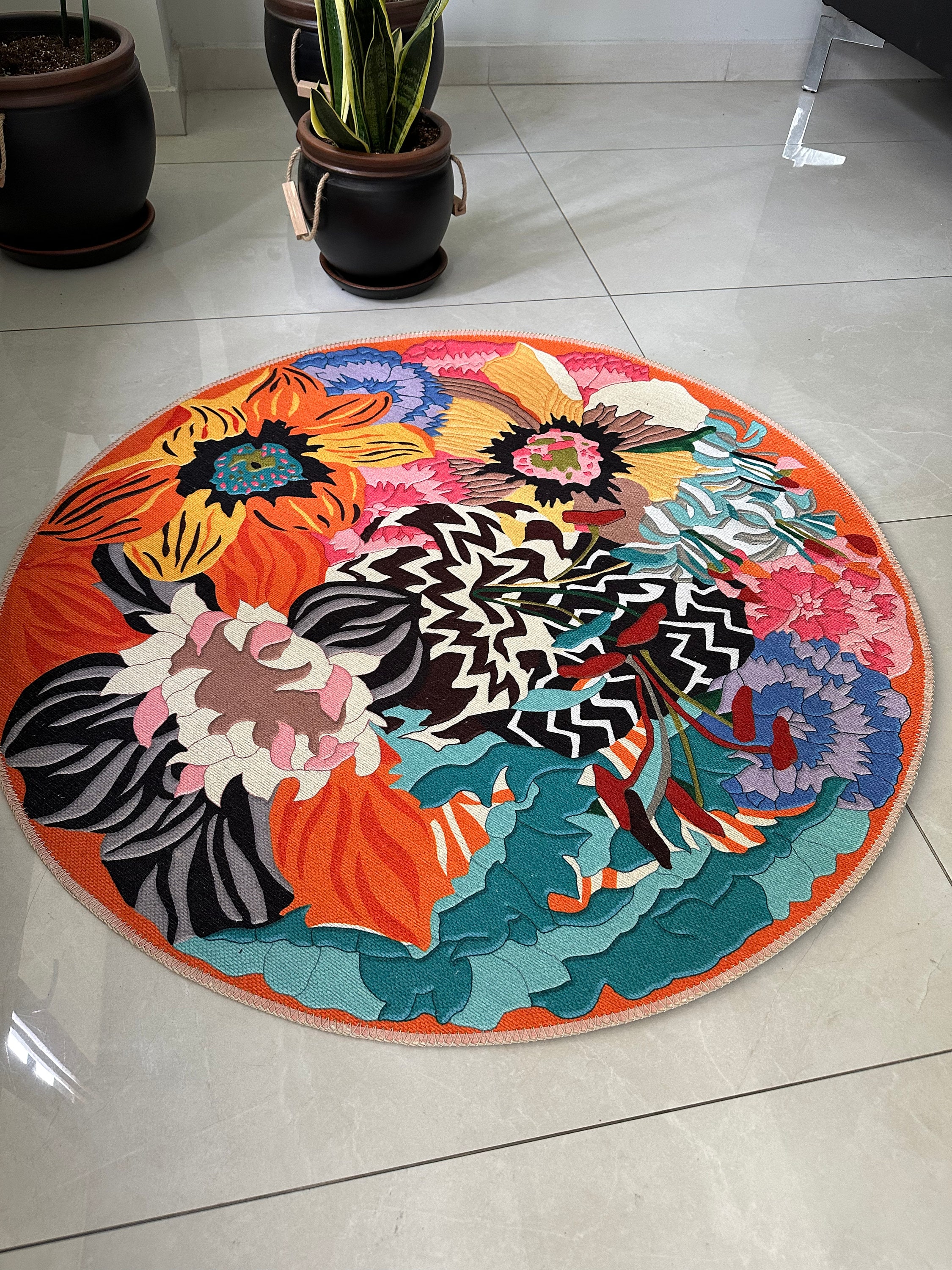 Lint Rug Colorful Circle Rug, Floral Rug, Round Rug, Multi- Colored Rug, Cool ...