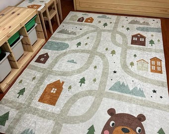 Teddy Bear Roads Rug: Cotton Kids Play Mat, City Car Design