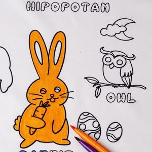 May include: A coloring page with an orange rabbit holding a carrot, an owl on a branch, and two eggs. The words "RABBIT", "OWL", and "HIPOPOTAM" are written on the page. Two colored markers are on the page.