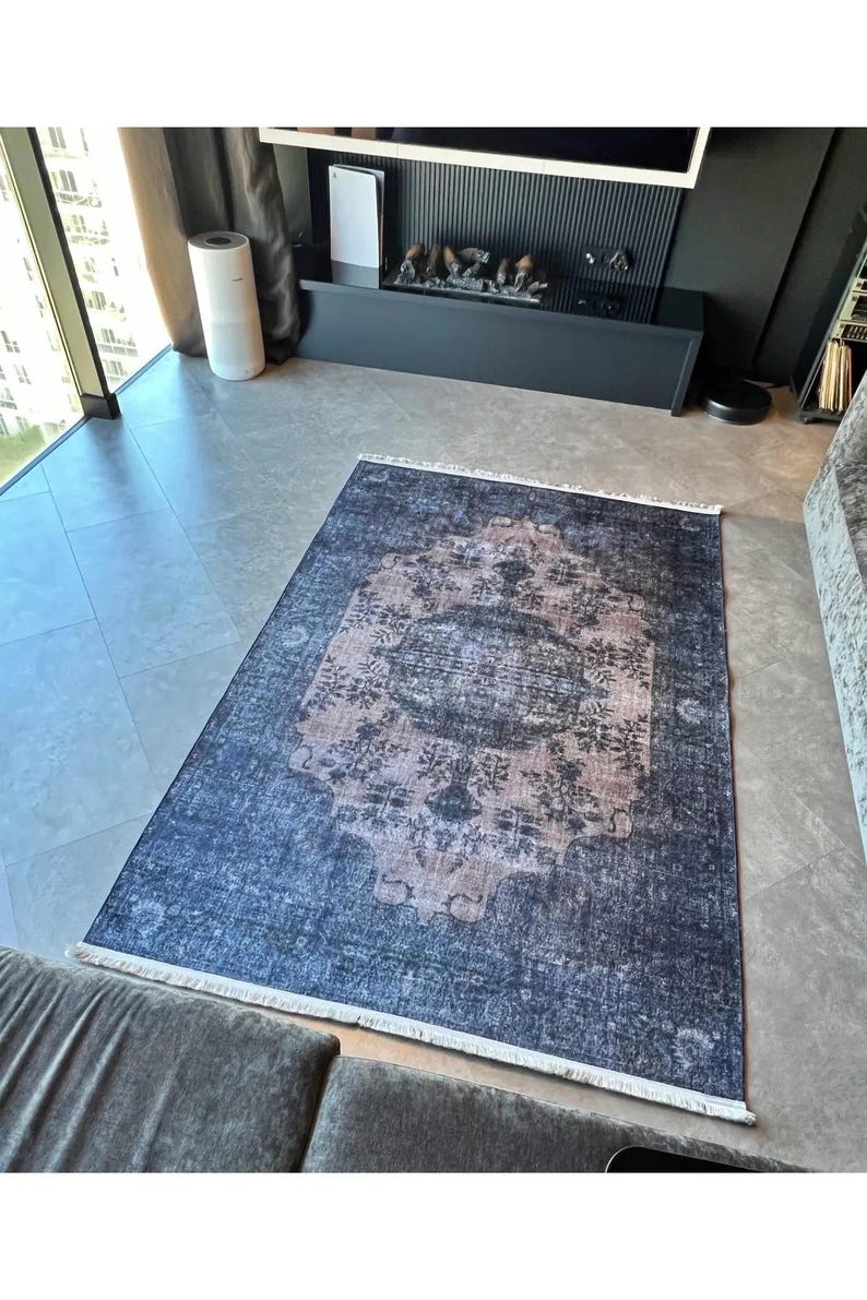 Lint Rug Navy Blue Distressed Rug, Oriental Rug, Vintage Rug, Area Rug, Turkish ...
