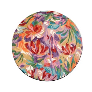 Floral Painting Round Rug, Colorful Figured Rug, Cool Kitchen Rug, Washable Bath Mat, Circle Rug, Multi Colored Flower Rug, Unique Area Rug