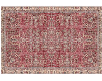 Red Distressed Rug, Rugs for bedroom aesthetic, Rugs for living room, Vintage rug, Area rug, Turkish Rug, Boho Rug, Lint-free Rug, Cool rug