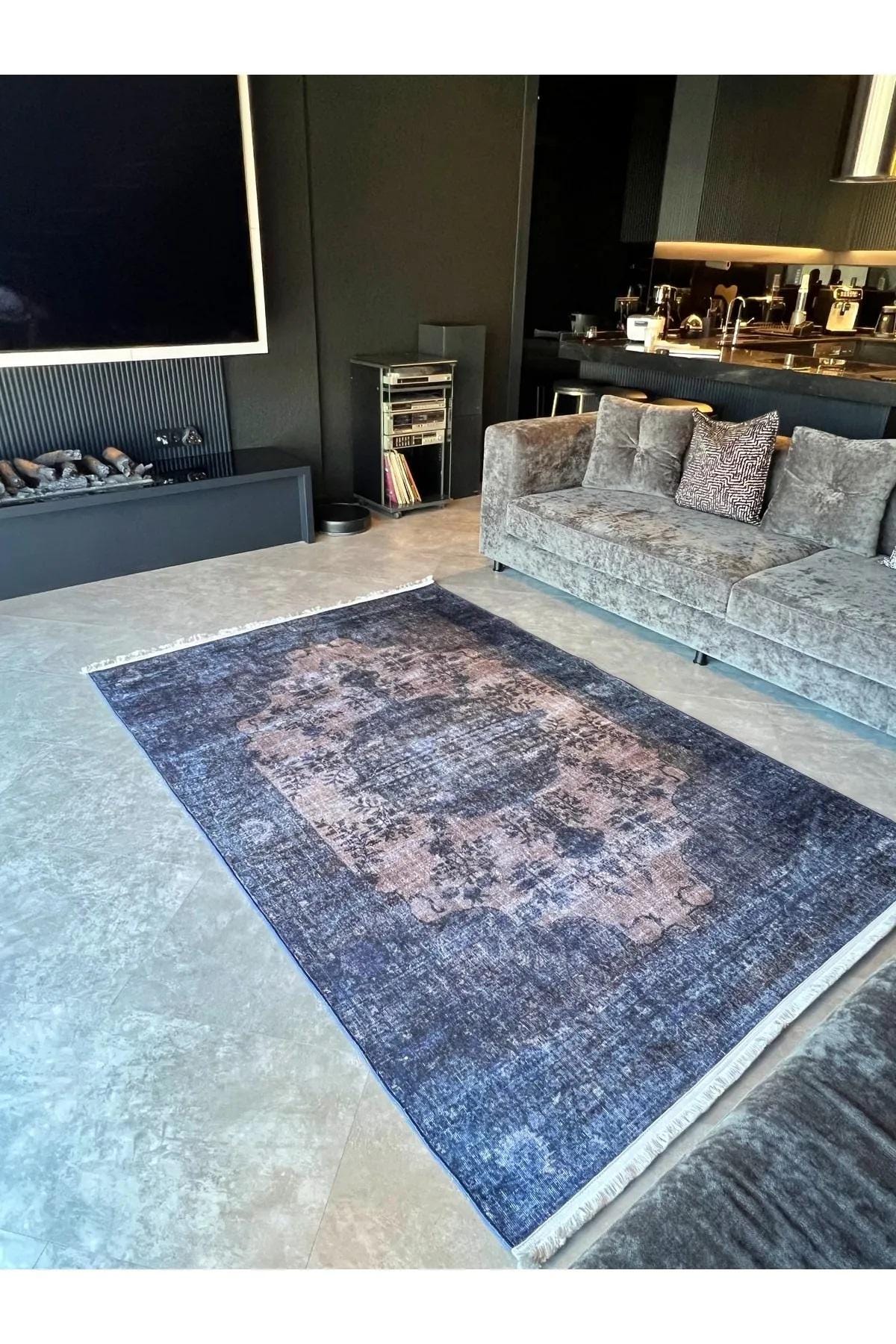 Lint Rug Navy Blue Distressed Rug, Oriental Rug, Vintage Rug, Area Rug, Turkish ...