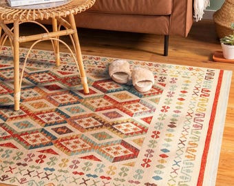Geometric Kilim Rug: Soft Cotton, Double-Sided Oriental Design