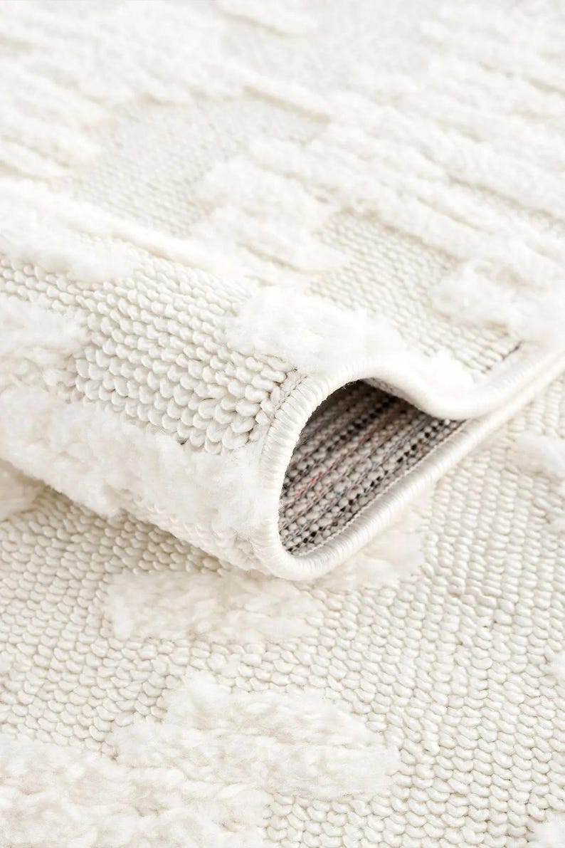 Tuftad krämbeige matta: Tvättbar bohemisk vardagsrumsmatta bild 3