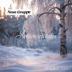 Può includere: Un sereno paesaggio invernale con una betulla innevata, i testi "Neue Gruppe" e "Seelengeflüster". L'immagine ha una qualità morbida e sognante con luci scintillanti e uno sfondo sfocato, che evoca pace e serenità.