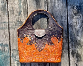 Handmade Leather Magnetic clasp basket purse, unique one of a kind purse, unique gift idea, hand carved made in Mexico, summer boho style