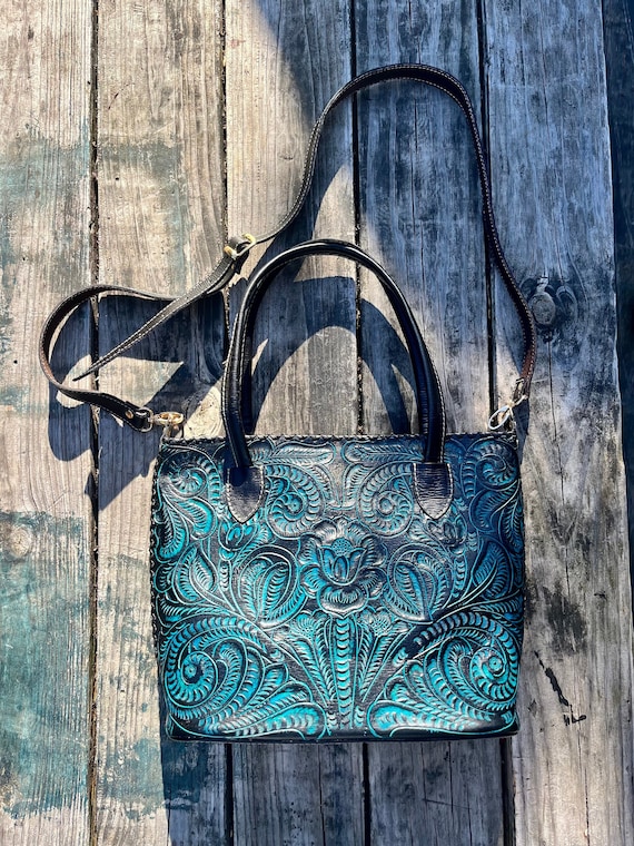 Turquoise Floral Embossed Tote Backpack Turquoise Floral Bag - Etsy main image 3