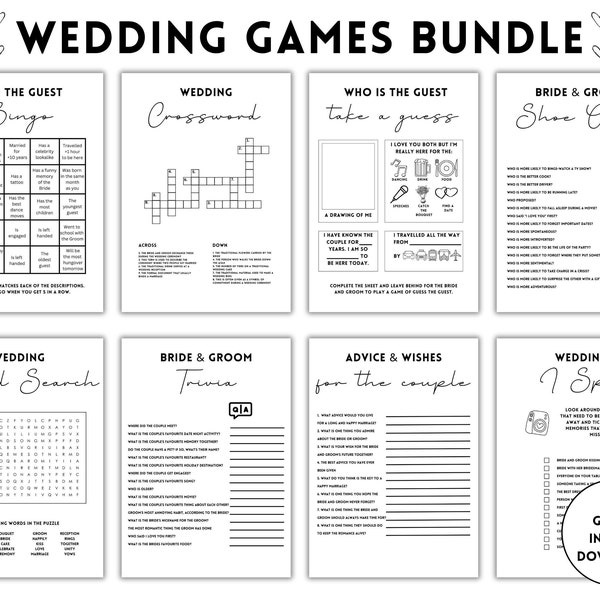 Paquete de juegos para recepción de boda, actividades imprimibles para la mesa, crucigrama de boda (descarga digital)