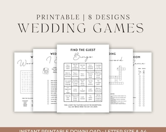 May include: Printable wedding games in black and white. The games include a word search, I Spy, Find the Guest Bingo, Wedding Crossword, and a Shoe Game.