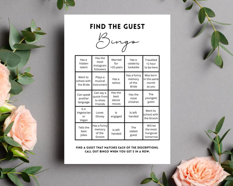 Find the Guest Bingo Game Template, Editable Wedding Find the Guest