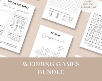 May include: A printable wedding games bundle with eight different games, including a crossword puzzle, a word search, a "who is the guest" game, and a bingo game. The games are black and white and have a minimalist design.