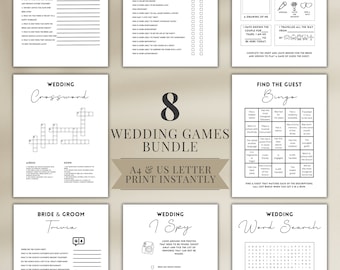 May include: A set of eight printable wedding games in black and white with a gold accent. The games include: Advice & Wishes for the Couple, Bride & Groom Shoe Game, Who is the Guest, Wedding Crossword, Bride & Groom Trivia, Wedding I Spy, Find the Guest Bingo, and Wedding Word Search. The games are designed to be printed on A4 or US Letter size paper.