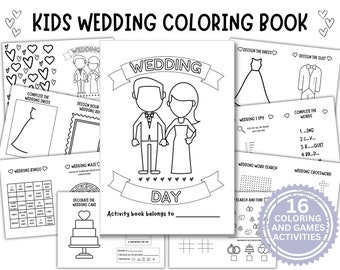 Libro de actividades para niños sobre bodas, páginas para colorear y juegos (descarga digital)