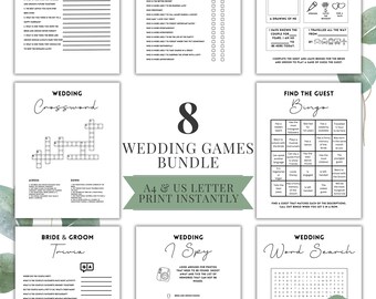 May include: A printable set of 8 wedding games for guests to play at a wedding reception. The games include a shoe game, a crossword puzzle, a trivia game, a word search, a guest bingo game, a "who is the guest" game, an "I Spy" game, and a "take a guess" game. The games are printed on white paper with black text and green accents.
