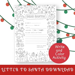 Página para colorear de una carta a Papá Noel, carta para Papá Noel imprimible, lista de deseos navideños, página para colorear de Navidad, actividad navideña para niños, aula