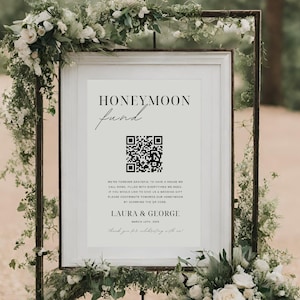 Panneau Fonds Lune de Miel | Carte de fonds lune de miel | Modèle de signe de code QR | Plaque cadeau de mariage personnalisée | Signe de mariage Paypal Venmo | Enseigne cadeau en espèces