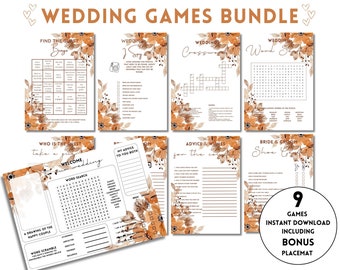 May include: A set of nine printable wedding games with a floral theme. The games include Find the Guest Bingo, I Spy, Wedding Crossword, Wedding Word Search, Who is the Guest Take a Guess, My Advice to You Both, Advice & Wishes for the Couple, Bride & Groom Shoe Game, and a bonus placemat. The games are printed on a white background with a watercolor floral design in shades of orange and brown.