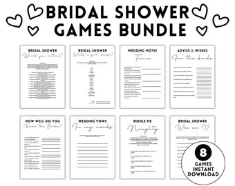 May include: A printable bridal shower games bundle with eight different games, including "Would You Rather?", "What's in Your Purse?", "Wedding Movie Trivia", "Advice & Wishes for the Bride", "How Well Do You Know the Bride?", "Wedding Vows in My Words", "Riddle Me Naughty", and "Bridal Shower Who Am I?"