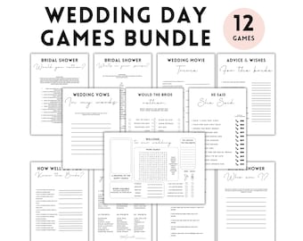 May include: A set of 12 printable wedding day games, including "Would You Rather?", "Wedding Vows in My Words", "Would the Bride Rather", "Wedding Movie Trivia", "He Said She Said", "How Well Do You Know the Bride?", "Welcome to Our Wedding Word Search", "My Advice to You Both", "A Drawing of the Happy Couple", "Advice & Wishes for the Bride", and "Bridal Shower Who Am I?"