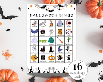 Juego de bingo de Halloween, 16 cartones de bingo (impresión y descarga instantánea)