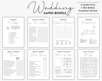 May include: A printable wedding game bundle with 8 games and a free bonus placemat design. The games include I Spy, Advice & Wishes, Word Search, Crossword, Bride & Groom Trivia, Bride & Groom Shoe Game, Who is the Guest, and Find the Guest Bingo.