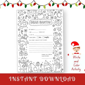 Brief an Santa Malseite, Printable Lieber Santa Brief, Weihnachtswunschliste, Weihnachten Malseite, Weihnachten Kinder Aktivität, Klassenzimmer