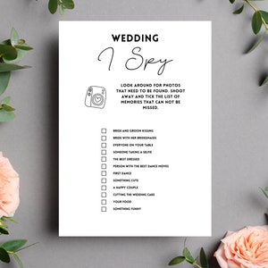 I Spy game is a perfect way to get your wedding guests interacting and taking photos. Memories of your wedding day that you can cherish forever. Print wedding table games.