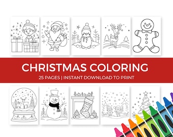 May include: A set of 25 black and white Christmas colouring pages featuring various holiday characters and scenes, including an elf, Santa Claus, a penguin, a reindeer, a gingerbread man, a snowman, a fireplace, and a Christmas tree. The pages are ready to be printed and coloured.