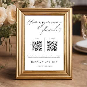 Panneau Fonds Lune de Miel | Carte de fonds lune de miel | Modèle de signe de code QR | Enseigne personnalisée pour cadeau de mariage Paypal | Enseigne de mariage Venmo Cash | Enseigne cadeau en espèces