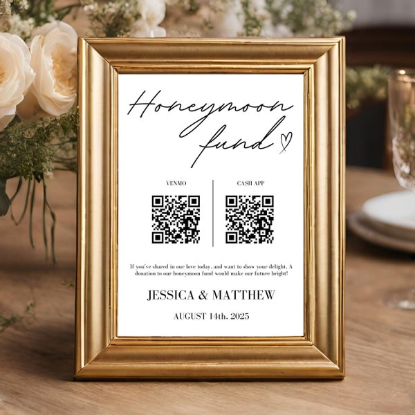 Honeymoon Fund Sign | Honeymoon fund card | QR Code Sign Template | Custom Wedding Gift Sign Paypal Venmo Cash Wedding Sign | Cash Gift Sign