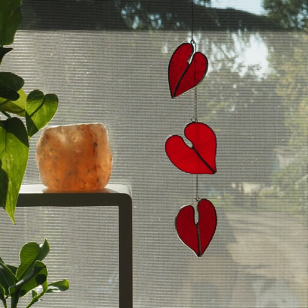 Décoration coeur en vitrail 3 pièces, sur fenêtre,  suspension en verre