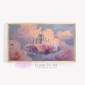 May include: A framed artwork depicting a castle in the clouds, rendered in a textured, impressionistic style. The painting uses soft pastel colours, including pinks, purples, and blues. The text "Frame TV Art" is visible.