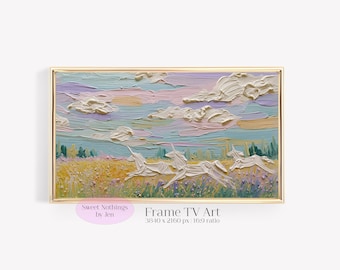 Pastel Unicorn Chase | Frame TV Art: Impasto Fantasy Landscape (Digital Download)